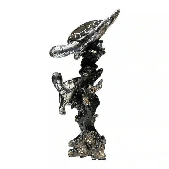2 Swimming Sea Turtles Polystone Figurine 12" Decorative Coral Metallic Granite - Picture 2 of 9